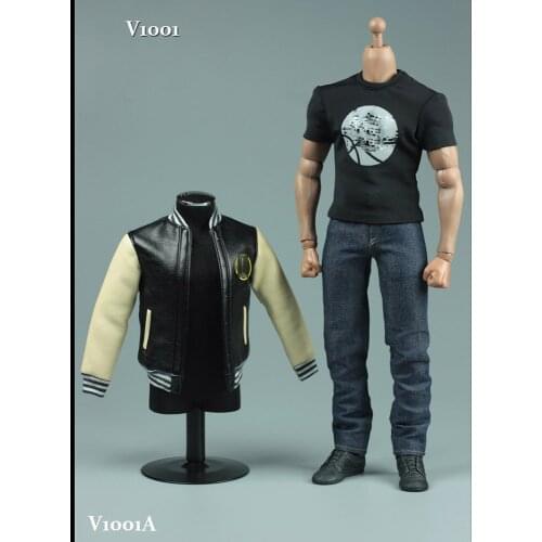 1/6 Mens Leather Jacket T-shirt Jeans Shoes Belt Casual Suit Black And White Black And Red 12'' Action Figure Model Accessories