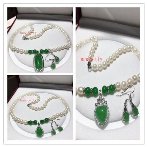3 styles New 7-8MM Natural White Freshwater Rice Pearl Necklace 19" Green Jades Pendant Earrings Sets Women fashion jewelry