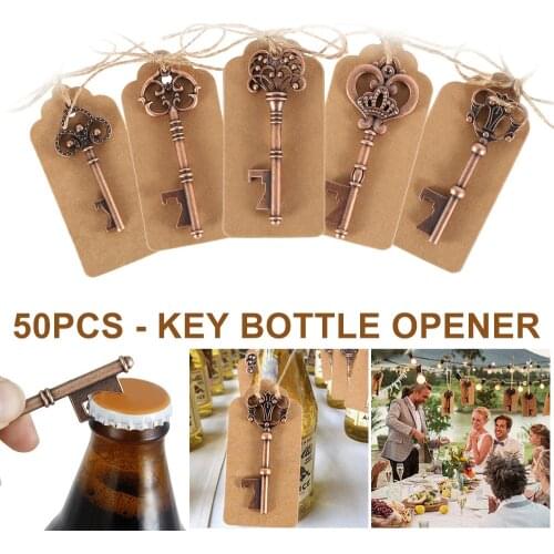 50Pcs Combined Key Bottle Opener 5 Styles Metal Skeleton Wine Keychain Set Tags Card Souvenir Decor Wedding Party Favor Supplies