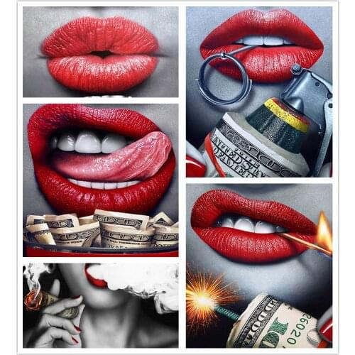 5D DIY Full Drill Diamond Painting Cross-Stitch Kit Sexy Red Lips Painting Vintage Interest Home Decoration Luxury Gift
