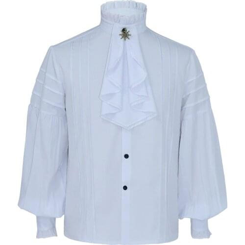 White Cotton Ruffles Stand Collar Lantern Sleeve Victorian Goth Shirt Men Medieval Top Vintage Clothes Male Party Banquet Wear