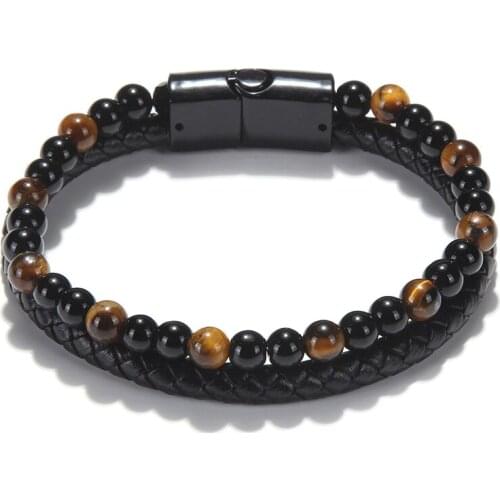Fashion Male Jewelry Cuff Bangle Men Bracelet Multi Layer Leather Natural Stone Brown Gold Tiger Eye Agates Beads Bracelet