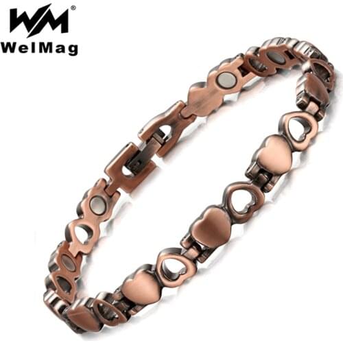 WelMag Women Vintage Pure Copper Therapy Magnetic Bracelets Bangles Heart Hollow Charm Healing Bracelet Femme Gifts Dropship