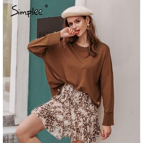 Simplee Knitted buttons long sleeve brown jumper 2020 Women autumn winter solid pullover sweater Female casual elastic sweater