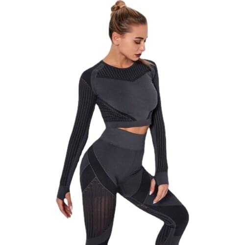 Crossover hot seamless knit fast dry running yoga dress tight breathable hollow workout long sleeve female single piece