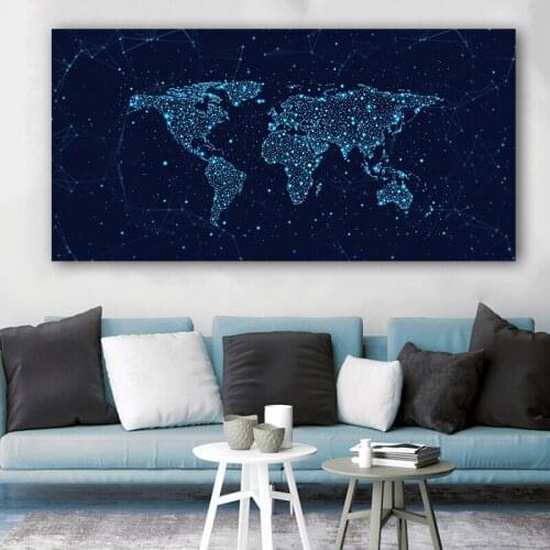 ART World Map Canvas Painting Blue Constellation Background Prints And Posters Abstract Wall Pictures Home Decor