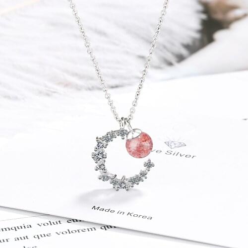 925 Sterling Silver Exquisite Irregular Cubic Zircon Moon Pendant Necklace With Strawberry Crystal Bead Jewelry For Women S-N486