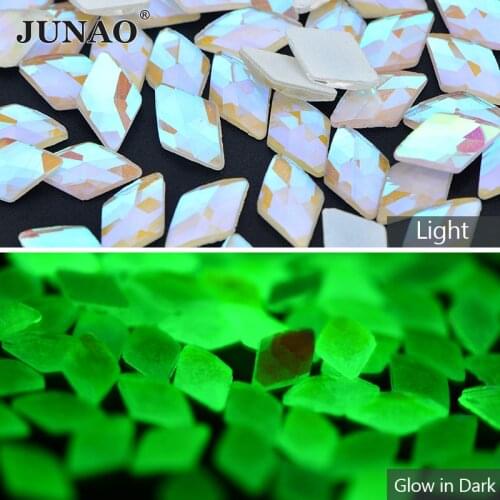 JUNAO 50pc Glow in the Dark Glass Nail Rhinestone Luminous Crystal Stone Flat Back Rhombus Strass Nail Art Decoration DIY Crafts