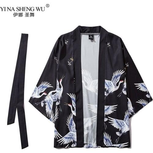 Japanese Style Crane Kimono With Belt Tokyo Streetwear Haori MenWomen Cardigan Japan Robe Girl Fashion Traditional Asian Clothes