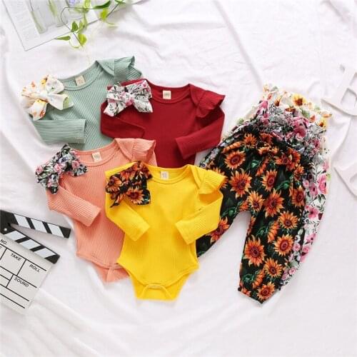 Baby Girls Clothes Set Solid Long Sleeve Ribbed Tops + Floral Print Long Pants + Bow-knot Headband for Spring, Fall 0-24M