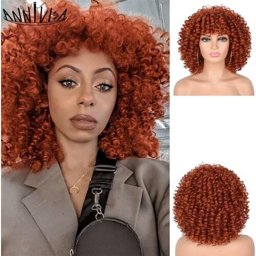 Short Synthetic Wig Afro Kinky Curly Wigs With Bangs For Black Women Ombre Brown Glueless Natural High Temperature Hair Annivia