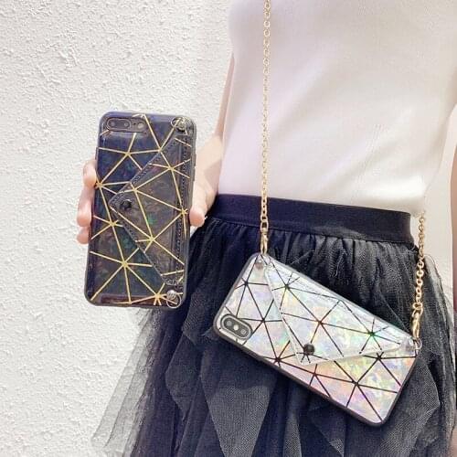 Laser leather wallet strap Card bag phone case For iphone 12 11 mini se2020 7 8 plus xs max xr cover long chain shoulder bag