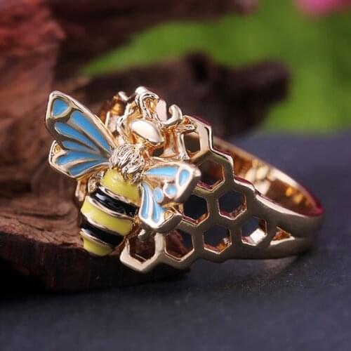 JK Creative Honeybee Party Ring Bee Staying On The Honeycomb Design Gold Silver Plated Cute Birthday Gift Accessories Ring