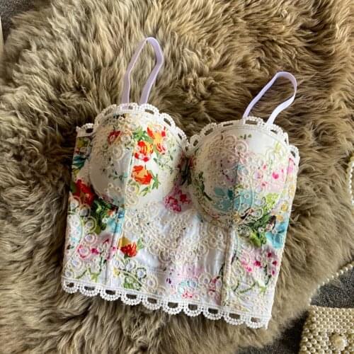 Floral print crop tops spaghetti strap tanke top women built in bra off shoulder slim fit camisole sleeveless embroidery camis