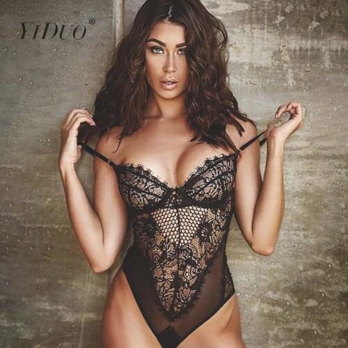 YiDuo Lace Bodysuit Women Floral Embroidery White Black Bodysuit Slim Fit Bodycon Perspective Sexy Bodysuit Teddy Overalls Pink