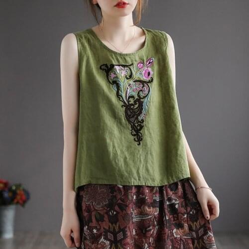 21New Women Tanks Summer Vintage Embroidery Floral Loose Sleeveless Female Thin Cotton Linen Tees Fashion