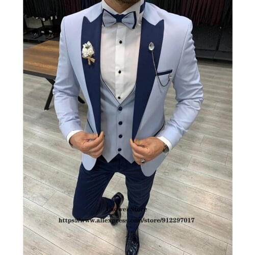Mens Suits Fashion Light Blue Wedding Groom Tuxedo Male Slim Fit 3 Piece Set Formal Business Peaked Lapel Blazer (Jacket+Pants)