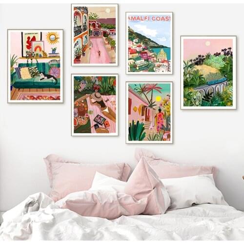 Wall Art Amalfi Coast Canvas Poster Nordic Nine Arches Pink House Cat Print Painting Scandinavian Decoration Picture Home Decor