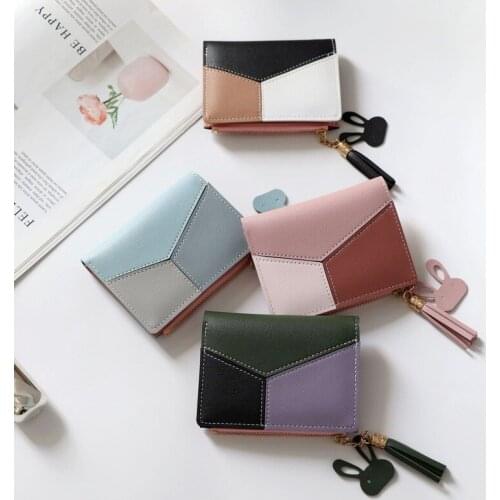 2021 New Fashion Womens Short Wallets Splicing Contrast Color Short Wallet Tassel Zipper Coin Purse