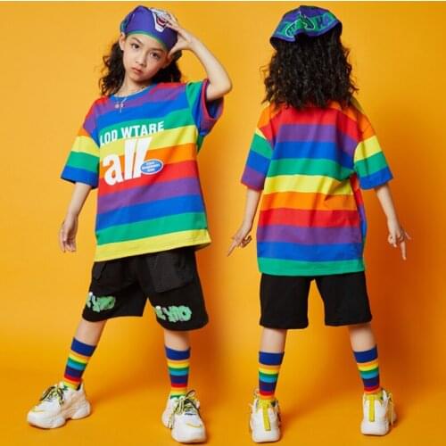 New Jazz Dance Kids Shorts Sleeve Rainbow Hip Hop Sweatshirt Ballroom Performance Dance Wear Street Dance Stage Costume SL3300