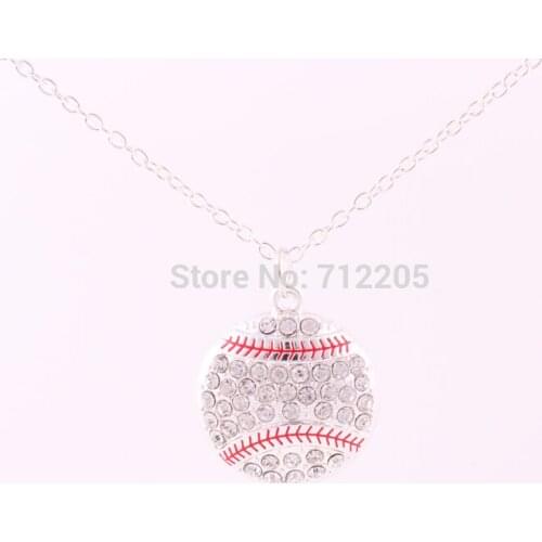 New product 10pcs zinc alloy silver Pave Crystal Baseball or Softball Pendant chain necklaces