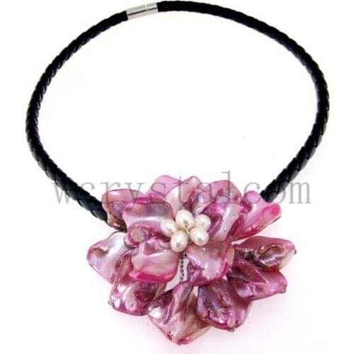 Charming Real Cultured Freshwater Pearl One Pink Shell Flower Necklace