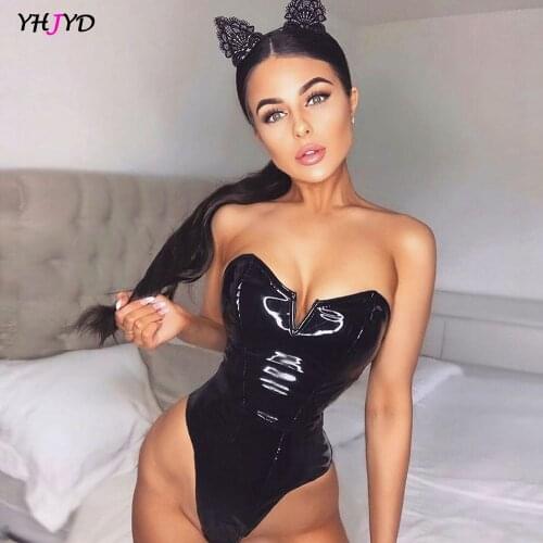 Low Cut Sexy Bodysuit Women Strapless Bodycon Black High Leg Back Zipper Womens Body Suit Club Partywear Vinyl Bodysuits 2020