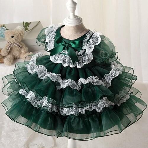 Girls Party Lolita Princess Dress Kids Children Bow Ball Gown Birthday Layered Cake Lace Dresses Performance Vestidos S12408