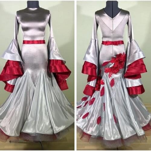 Ballroom dance dress flare sleeves ballrom dancing wear ballroom dance clothing trumpet sleeves stage costumes grey color