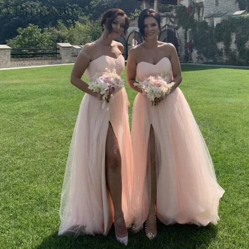 YiMinpwp Pale Pink Bridesmaid Dresses Sweet Heart Side Split Floor Length Pleats A Line Garden Country Wedding Guest Party Gowns