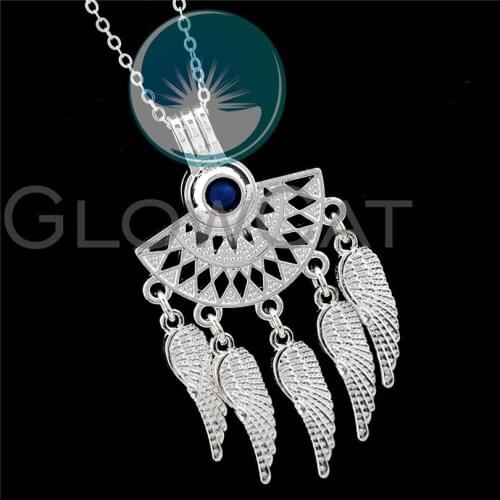 R-LL842 Bright Silver Ethnic Feather Tassel Sector Beads Cage Essential Oil Diffuser Aromatherapy Pearl Cage Locket Necklace