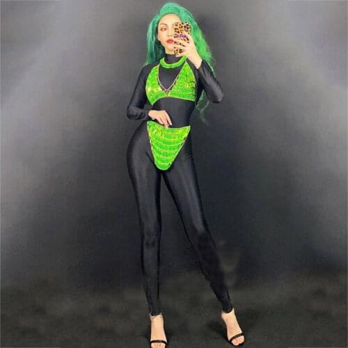 Shing Sequins Fluorescent Green Bikini Black Bodysuit Stretch Long Jumpsuit Women Stage Pole Dance Clothing Gogo Costume XS2447