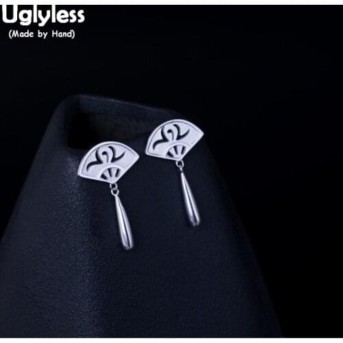 Uglyless 100% Real 925 Sterling Silver Sector Earrings for Women Ethnic Hollow Studs Strip Tassel Brincos Bijoux Glossy Jewelry