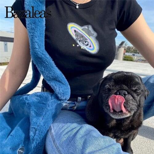 Bazaleas harajuku rainbow Dog Print Sexy Crop Top Streetwear Cropped t shirt women Fashion Slim tshirt Casual Women T-shirt