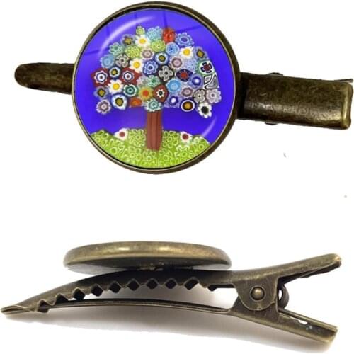 Tree Of Life Tie Clip Murano Millefiori 16mm Glass Cabochon Antique Bronze Tie Clasp For Men Shirt Accessories Gift