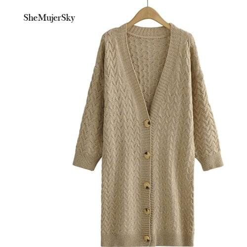 SheMujerSky Women Long Sleeve V-neck Single Breasetd Cardigans 2021 Autumn Winter Criss-cross Knitted Long Khaki Sweater