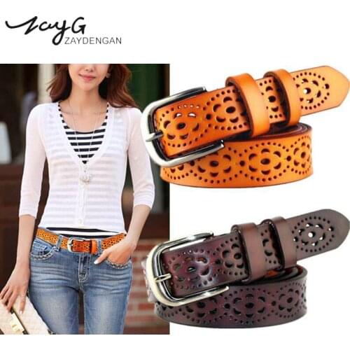 ZAYG Hot Sale Genuine Leather Women Belt for Dress Cowhide Punched Strap Hollow Jeans Female Waist Belts For Women High Quality