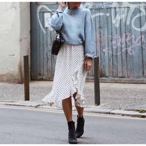 Dot Printed Irregular Skirt Flounces Mermaid White Black Dress Women Summer Office Elegant Skirt 2021 New