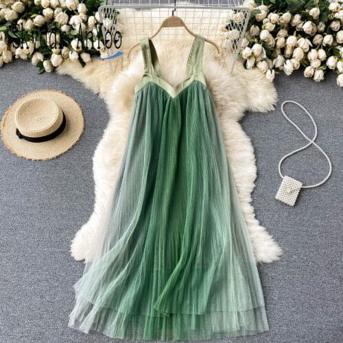 Womens Summer Dress 2021 Sleeveless Backless Gradient Color Elegant Mesh Dress Pleated Casual Long Dresses Woman Robe