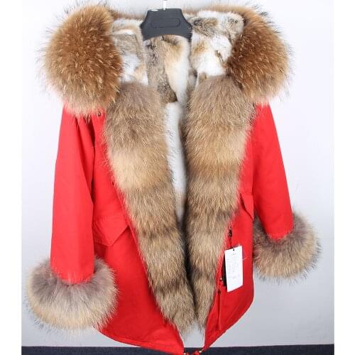 Maomaokong winter natural raccoon fur collar real fur coat red army green natural rabbit fur lined parkas winter coat women
