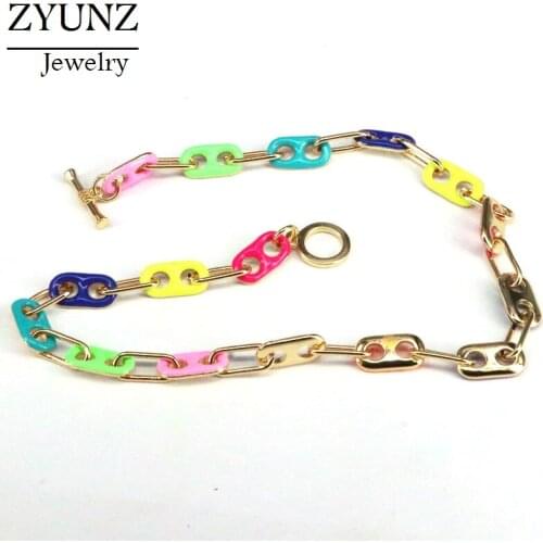 4PCS, Gold Color Enamel Circle Rolo Link Chain Fashion Women Choker Necklace
