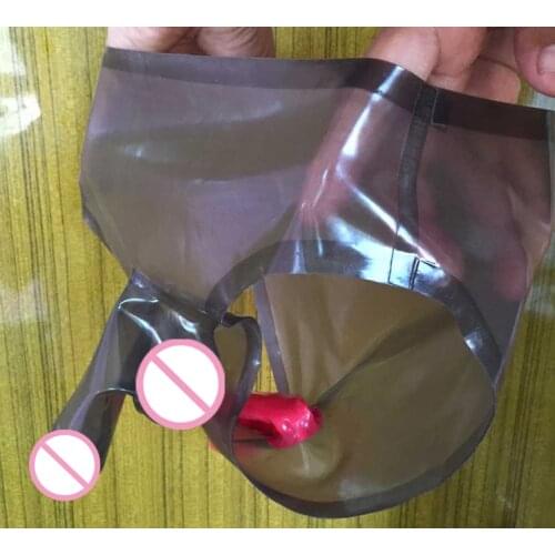 Free shipping ! Transparent black latex shorts / panties / briefs with handmade customized penis sheath and butt condom