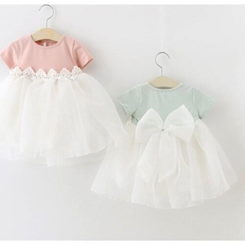 DFXD England Style Newborn Baby Dress 2018 Summer Short Sleeve Embroidery Lace Stitching Back Big Bowknot Princess Dress 3M-3T