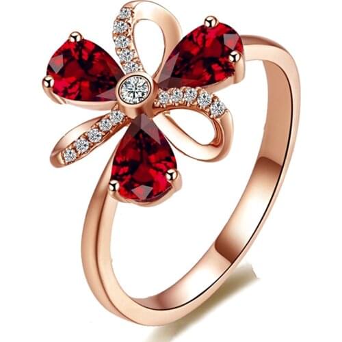 Ruby gemstones AAA zircon diamonds Rings for women Rose gold color mujer luxury jewelry fashion bijoux flower ring party gift