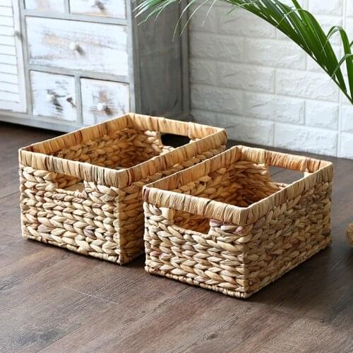 Storage Basket Natural Straw Rectangular Desktop Wire Handles Decor Seagrass Woven Wicker Basket Organizing Shelves WF