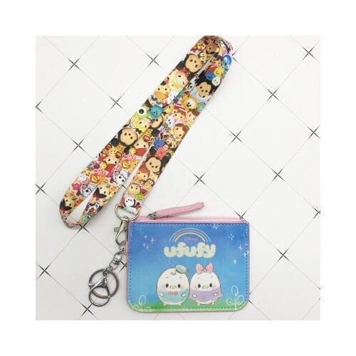 Disney Stitch PU coin purse card holder keychain key lanyard meal card bus card case coin bag Mickey mouse Document card bag
