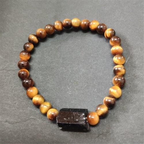 Round brown tiger eye stone beads natural black raw rough tourmaline tourmli mineral healing stone beaded man women bracelets