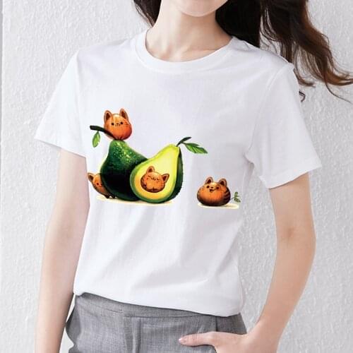 Summer Womens Fresh and Sweet Casual T-shirt Cartoon Cute Happy Avocado Print Simple Slim Commuter T-shirt Anime Female Top