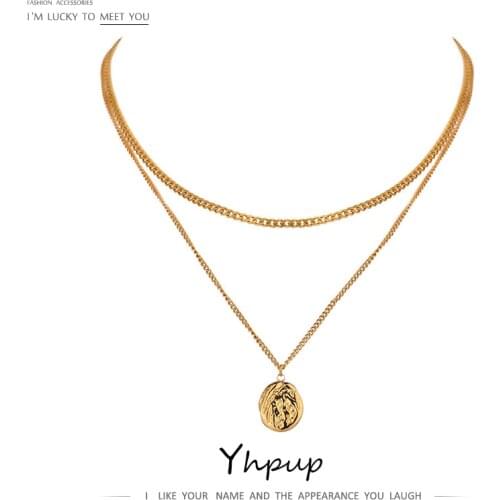 Yhpup 316L Stainless Steel Layered Necklace Women Jewelry Statement Metal Texture Geometric Pendant Necklace Bijoux Femme 2021