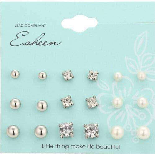 Fashion 9 Pair/set Women Round Crystal Stud Earrings Piercing Simulated Pearl Earrings for Women Wedding Jewelry Gifts